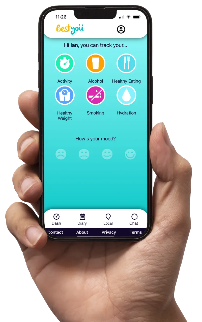 The Best You app open on a phone, showing health themes you can track including activity, healthy eating, healthy weight and hydration.